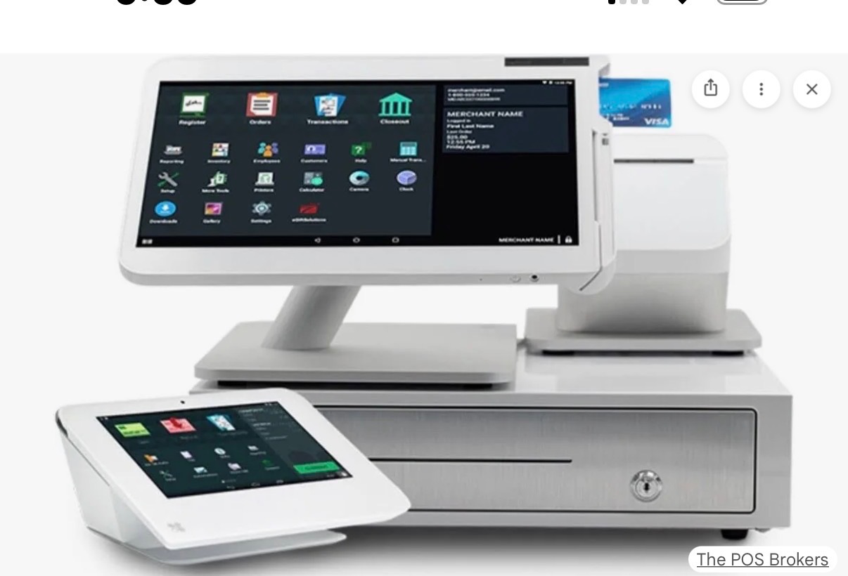 Full countertop POS system with touchscreen, customer-facing tablet, receipt printer, and cash drawer