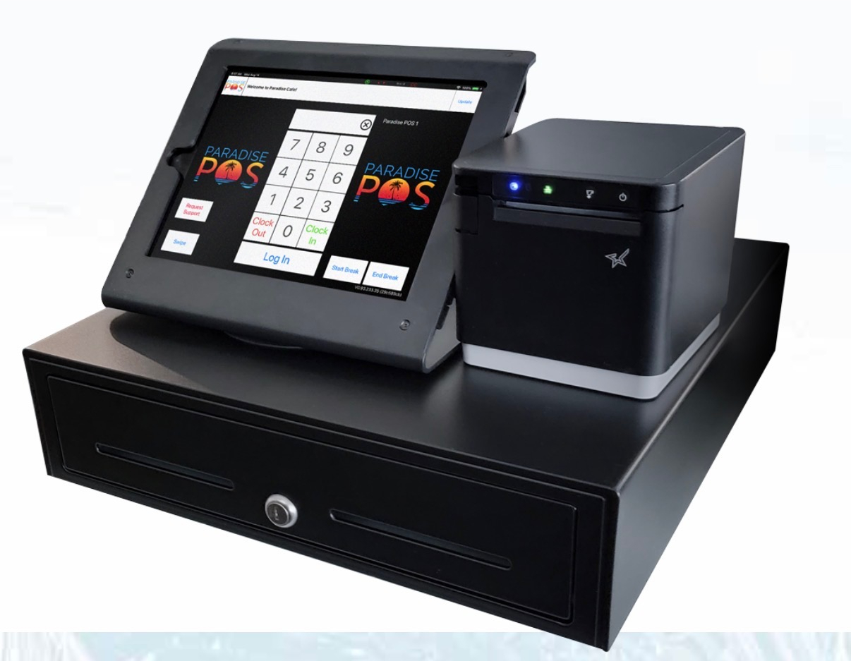 Full POS system with touchscreen tablet, receipt printer, and cash drawer