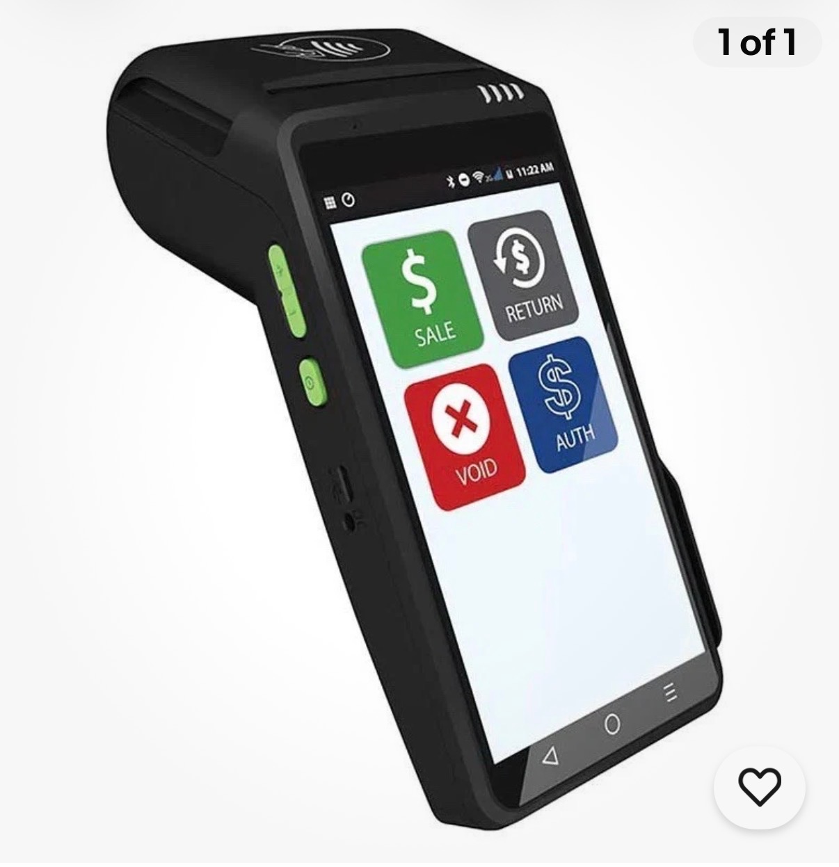Handheld mobile payment terminal with Sale, Return, Void, and Auth screen