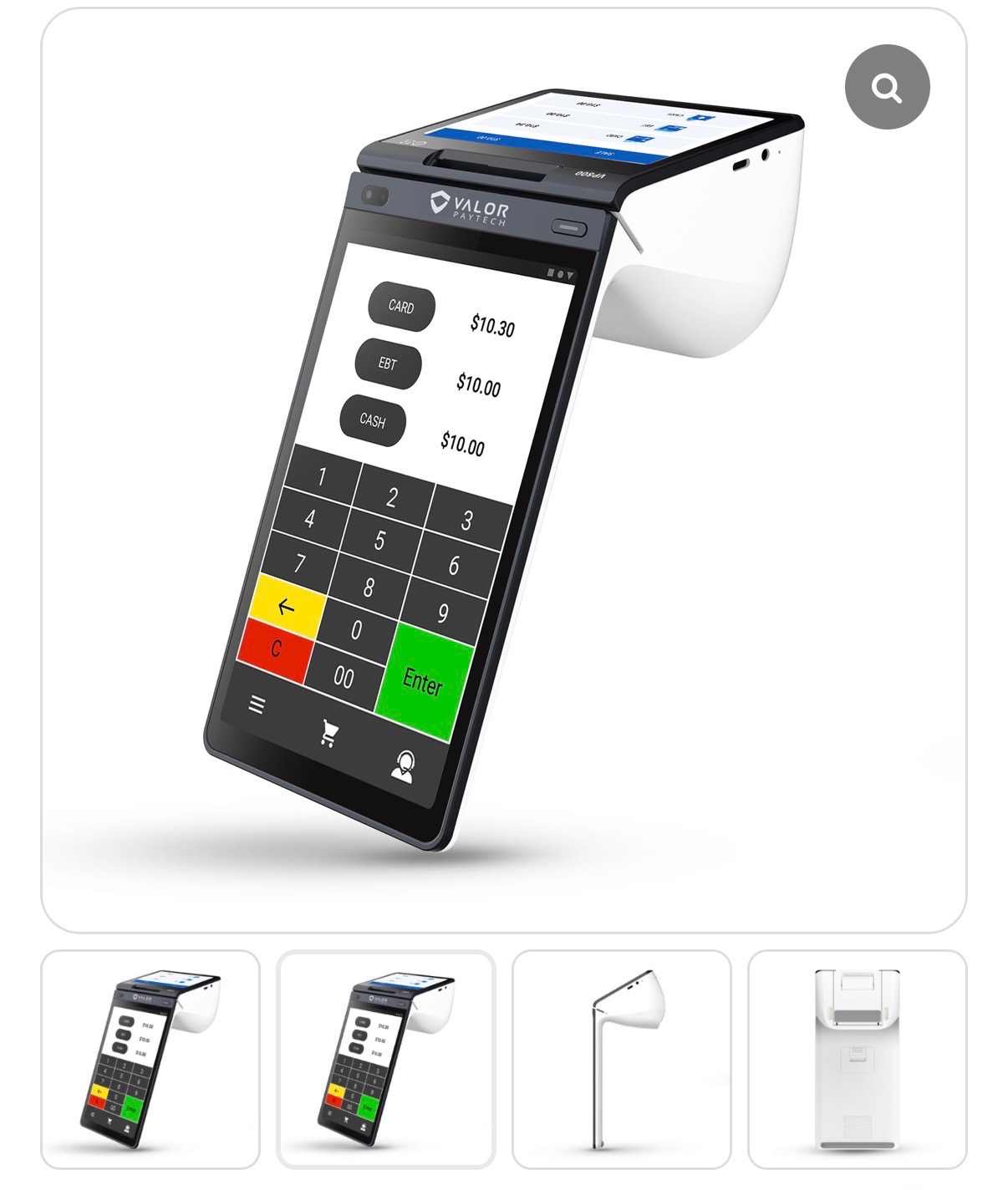 Valor PayTech VP550C terminal showing dual pricing for card, EBT, and cash